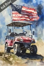 Flag on classic American golf cart watercolor Art 4x6 Print