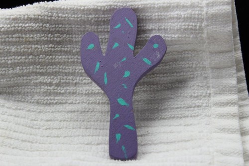Vintage Wood Painted Cactus Brooch Southwestern Cute Novelty Purple 3 1/4"