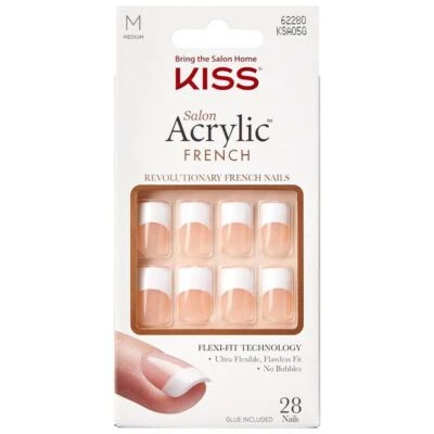 Kiss Salon Square Acrylic French False Nails and Glue - Simple Life - Pack of 28
