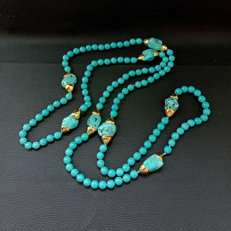 52'' Blue Turquoise Yellow Gold Plated Freeform Turquoise Necklace - Product main view