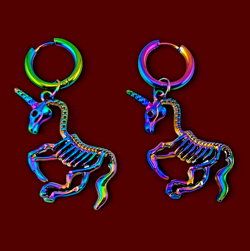 TÄNZELNDES EINHORN SKELETTE OHRRINGE eloxiert Ölteppich Regenbogen Anhänger & Creolen E5 - Bild 1 von 5