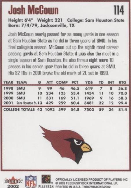 2002 Fleer Throwbacks Josh McCown #114