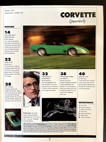 Corvette Quarterly SUMMER 1991 Magazine Chevrolet Vette Callaway Speedster - Imagen 2 de 3