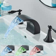 Black Widespread Bathroom Sink Faucet 3Hole LED Waterfall Basin Vanity Mixer Tap