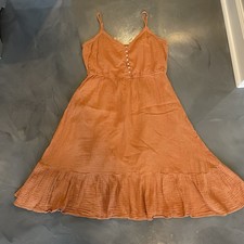Aerie Women’s Orange Gauze Tiered Dress Size XL Midi Sundress Boho Button Detail