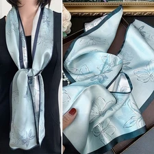 Double Sided 100% Mulberry Silk Women Long Scarf Headscarf Sky Blue Flower 59*6"
