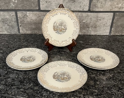 7 Vintage Monarch Currier & Ives Gold Filigree Winter Scene Round Bread Plates - Picture 2 of 6