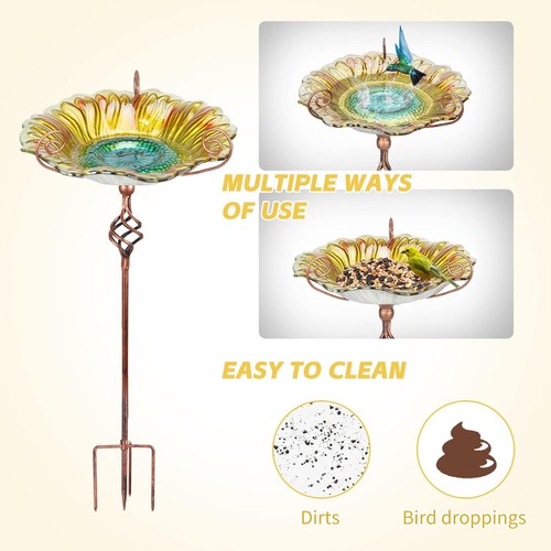 Bird Baths for Outdoors, Glass Birdbaths Outdoor Garden Birdfeeder with Metal St - Bild 5 von 7