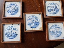 Antique series of 5 Delft tiles with a shepherdess, 17th century, rare