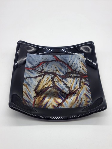 Fused Art Glass Trinket Tray Dish Black with Dichroic Insert & Red Lines 6" - Picture 10 of 13