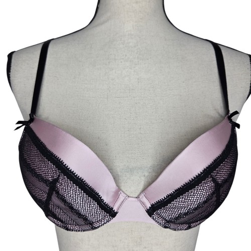 Chantelle Bra 34B Plunge Underwire Padded Pink Black Lace Overlay Made in France - Picture 1 of 4