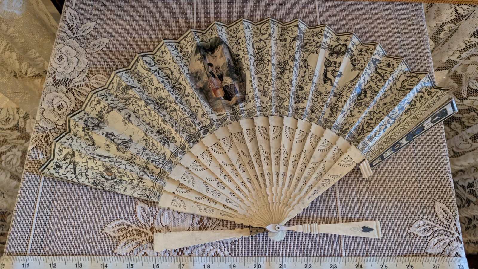 Vintage Hand Fan Carved Pierced Sticks Paper French Scenes on 2 Sides AS IS