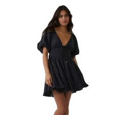 Free People Black Puff Sleeve Smocked Tie Front Mini Dress XS