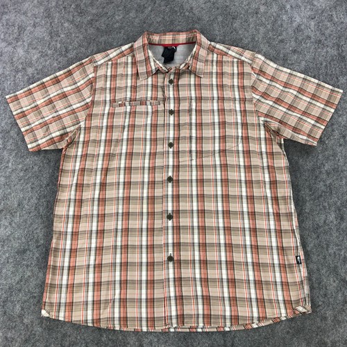 The North Face Mens Button Up Shirt Large Tan Orange Plaid Short Sleeve Pockets - Picture 2 of 14