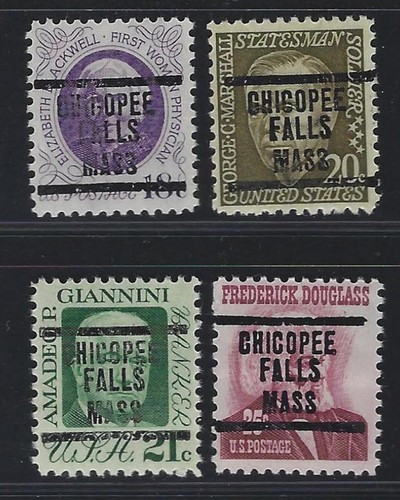 Precancels - MA - Chicopee Falls - Type 207 - 4 diff Prominent American denoms - Picture 1 of 2