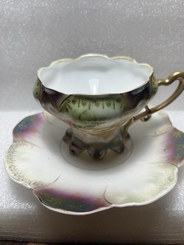 RS Prussia Vintage Peach/Pink/Green Roses metallic Teacup/saucer/EUC Stunning! - Picture 2 of 16