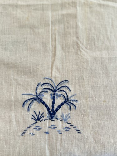Mantel de lino blanco vintage asiático chinoiserie bordado a mano tonos azules - Imagen 8 de 24