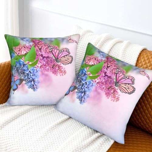Set of 2 Pink Flowers Throw Pillow Covers, Floral Butterfly Decorative Cushion - Picture 3 of 8
