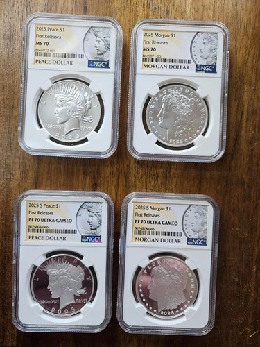 2025 Morgan and Peace 4 Coin Set of silver dollars NGC MS / PF 70 first releases