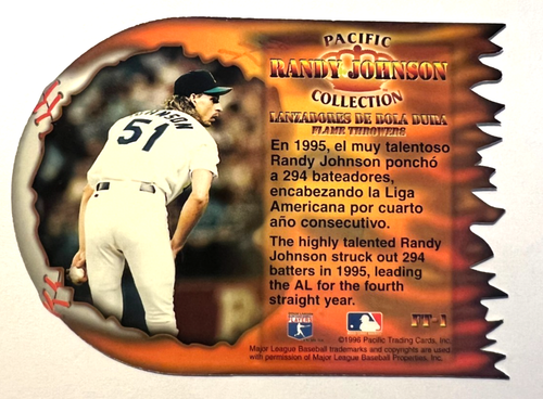Randy Johnson 1996 Pacific Prisms Baseball Card #FF-1 Flame Throwers Die-Cut MT - Picture 2 of 2