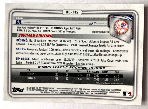 LUIS GIL SAPPHIRE REFRACTOR ROOKIE • 2020 Bowman Chrome #BD-132 • YANKEES SP RC! - Picture 3 of 7