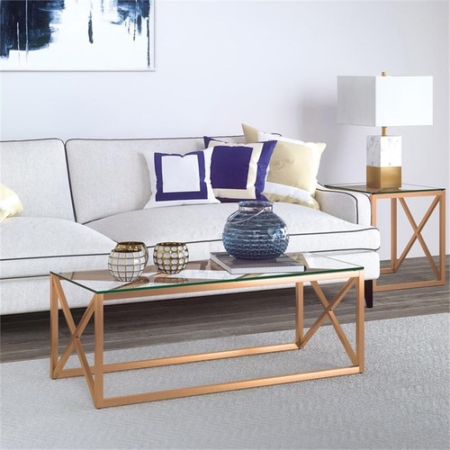 Henn&Hart 17" Art Deco Metal Brass Finish Coffee Table with Glass Top - Picture 6 of 8