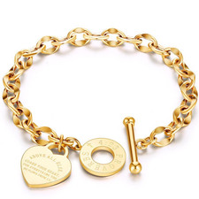 Women's Ladies Stainless Steel Heart Bracelet Silver Gold Girl Link Chain Bangle