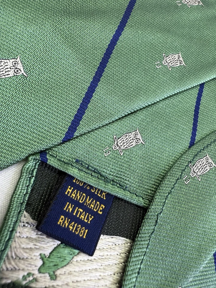 Gravata de gola de seda padrão bordado coruja boêmia verde rugby Ralph Lauren “13” - Imagem 2 de 4