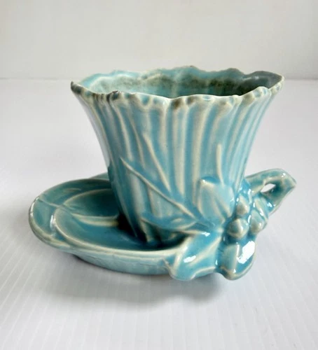 Vintage Aqua Blue McCoy Art Pottery Lotus Leaf w/Berry & Flower, Attached Saucer