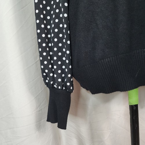 CATO Size XL Black & White Polka Dot Tie Neck Long Satin Puff Sleeve Knit Blouse - Picture 5 of 11