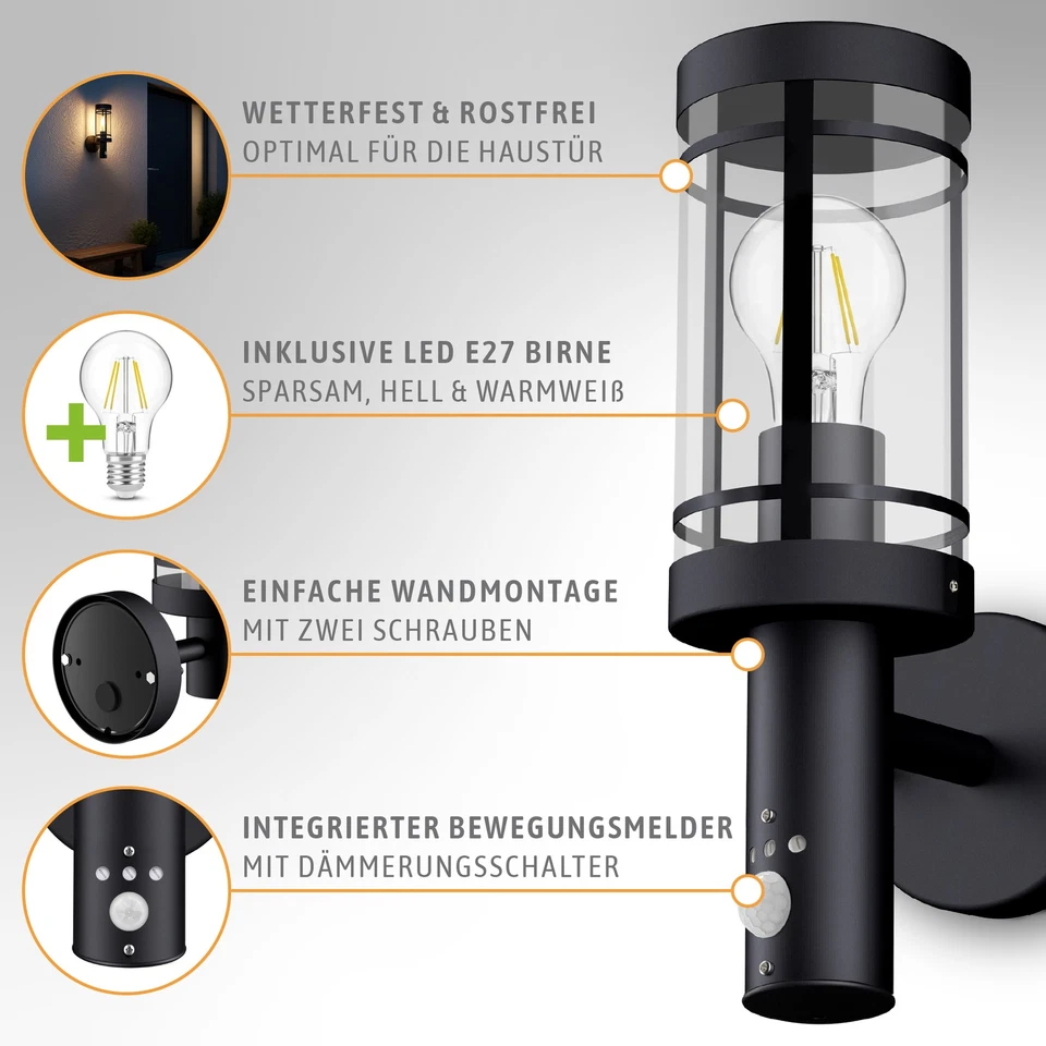 MOVI Außenleuchte mit Bewegungsmelder IP44 LED Glühbirne 4W warmweiß Wandlampe - Bild 3 von 4