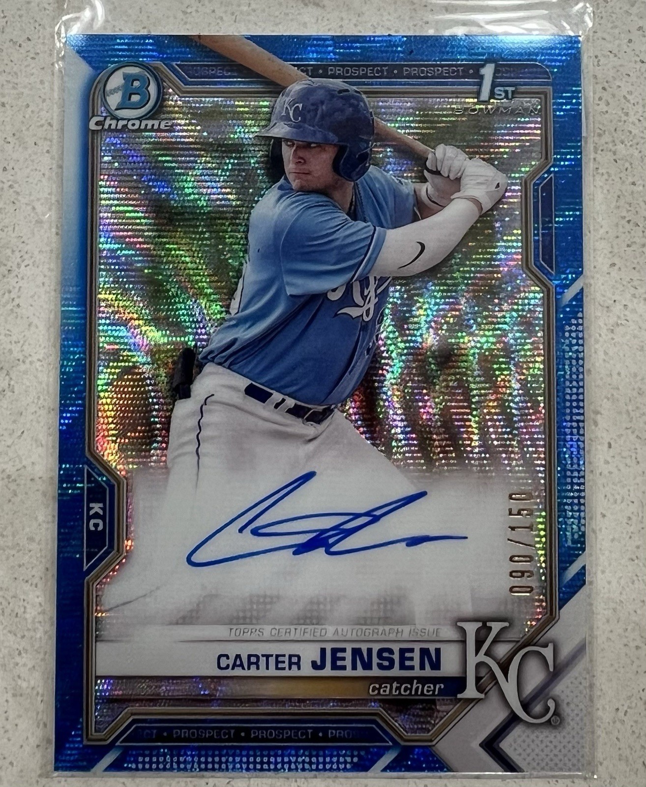 2021 Bowman Chrome Draft Carter Jensen Blue Wave Auto # /150 Royals CDA-CJ