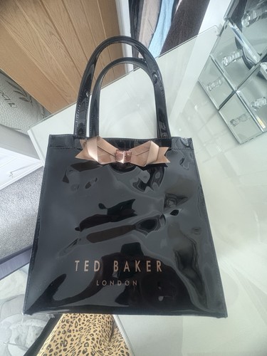 Ted Baker Black Faux Patent Leather Tote Bag With Gold Bow - Picture 7 of 14