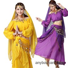 Shinny Belly Dance Costume Dancewear Top Performance Long Skirt Belt Top Veil