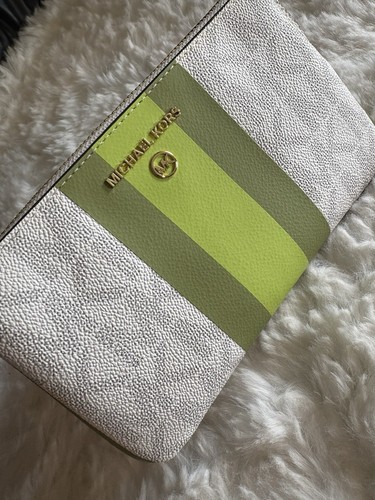 NEW Michael Kors Large Gusset Wristlet Center Stripe LIMEADE BEAUTIFUL - Picture 8 of 9