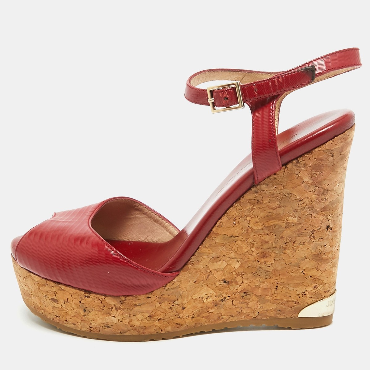 サンダル・ミュール JIMMY CHOO PERLA70 LLIC NAPPA+CORK WEDGE SANDAL Jimmy Choo Red Leather Pela Cork Wedge Sandals Size 35.5