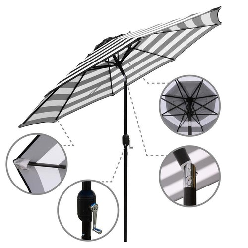 Maypex Market Patio Umbrella 9' Steel Crank and Tilt Stripe in Black and White - Picture 3 of 6