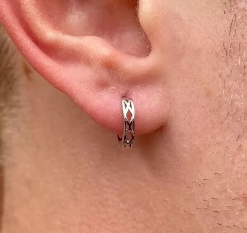 Attractive Metal Men's Hugie Hoop Earring 14k White Gold Plated Silver - Picture 1 of 3