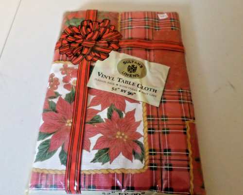 POINSETTIA CHRISTMAS 52 X 90 VINYL TABLECLOTH "SULTAN'S LINENS" VINTAGE NEW - Picture 3 of 7