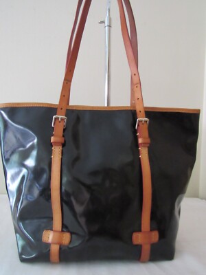 DOONEY & BOURKE Black Patent Leather Tote Bag - Tan Leather  Dooney & Bourke Black Pebbled Leather Tote Bag Tan Trim Shoulder Bag Zippered main image 0