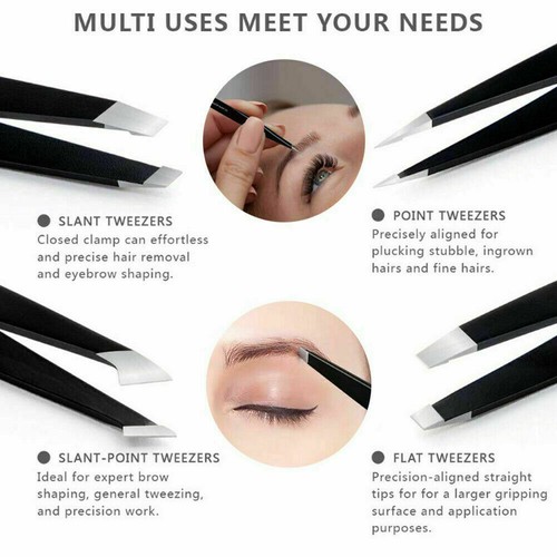 Tweezers Set 4 Piece Professional Stainless Steel Eyebrow Hair Pluckers + Case - Picture 5 of 5
