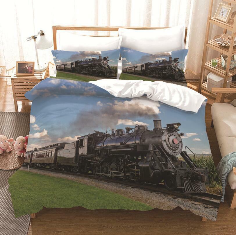 Train Quilt Doona Duvet Cover Set Pillowcase Single Double Queen Size Kids Bed