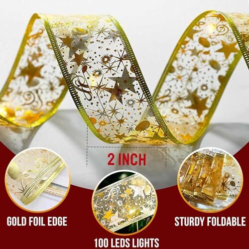 Christmas Ribbon Lights, 32ft 100 LED String Lights, Battery-Powered Gold - Picture 7 of 8