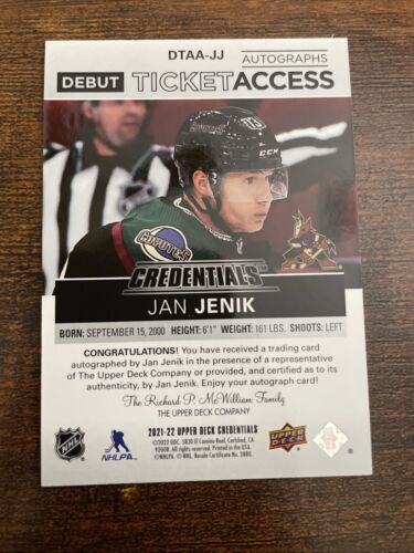 2021-22 UD Credentials - Debut Ticket Access Autos #DTAA-JJ Jan Jenik /299 (AU) - Picture 2 of 2