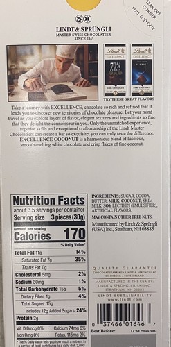 5x NEW Lindt Excellence COCONUT WHITE Chocolate Bar 3.5 oz - 1 Bar - 5 PACK - Picture 3 of 3