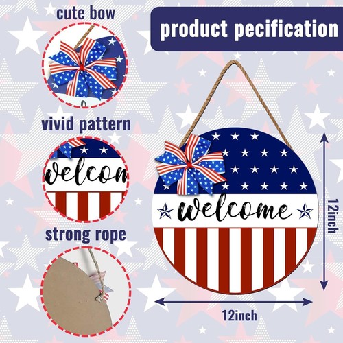 Memorial Day Door Sign Independence Day Wreath Patriotic Stars American 4th of J - Picture 2 of 7
