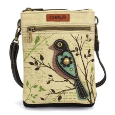 NEW CHALA SAFARI DOUBLE POCKET BIRD CREAM BROWN CANVAS CELLPHONE CROSSBODY PURSE