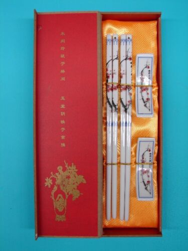 Gift Set of Chinese White  Porcelain Chopsticks with Red Plum Pictures - Picture 1 of 1