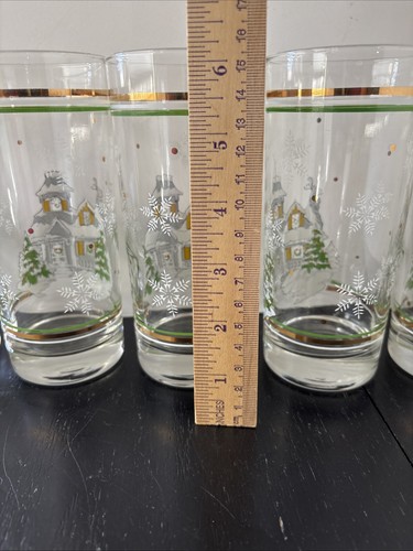 Luminarc Snowy Christmas Scene Glasses Set 5  Vintage 14 Oz. Green Gold Stripes - Picture 18 of 19