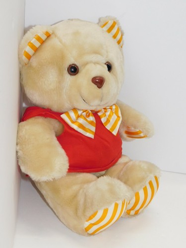 Plush Bowtie Bear 1989 Limited Edition Stuffed Toy Orange Stripes Red Shirt Tan - Picture 3 of 9